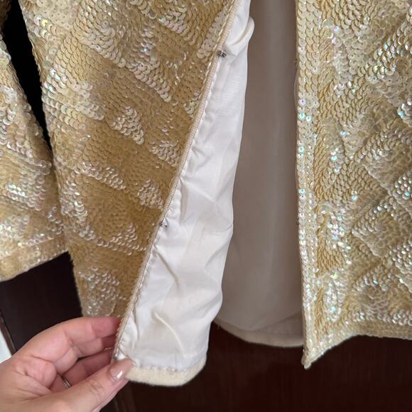 1950s Vintage Creamy Butter Yellow Sequin Patterned Evening Jacket Blazer XS - Picture 3 of 9